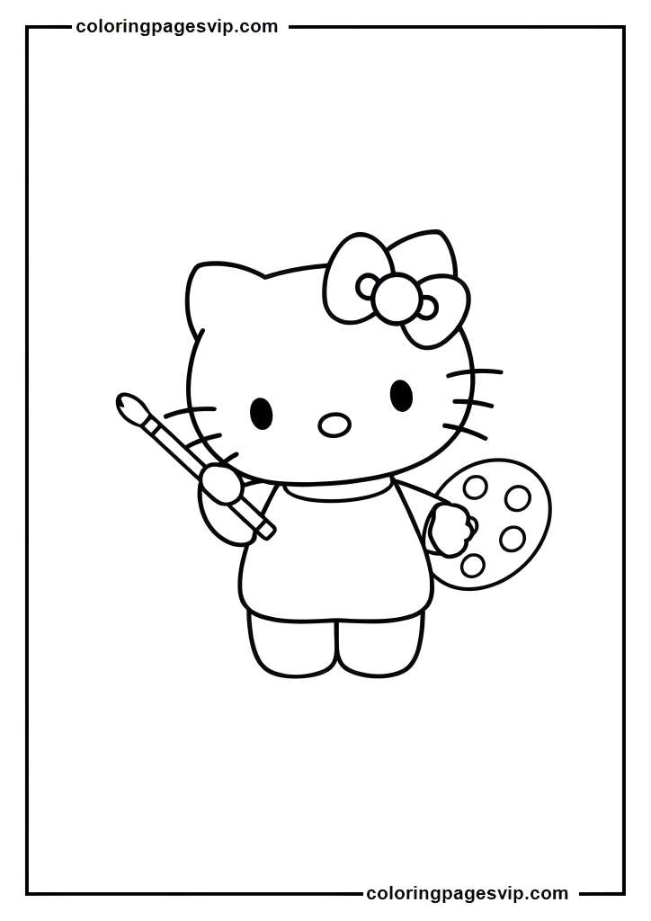 Artist Hello Kitty, Hello Kitty with paintbrush and palette coloring pages.