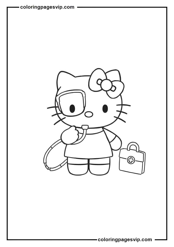 Doctor Hello Kitty, Hello Kitty with stethoscope coloring pages.