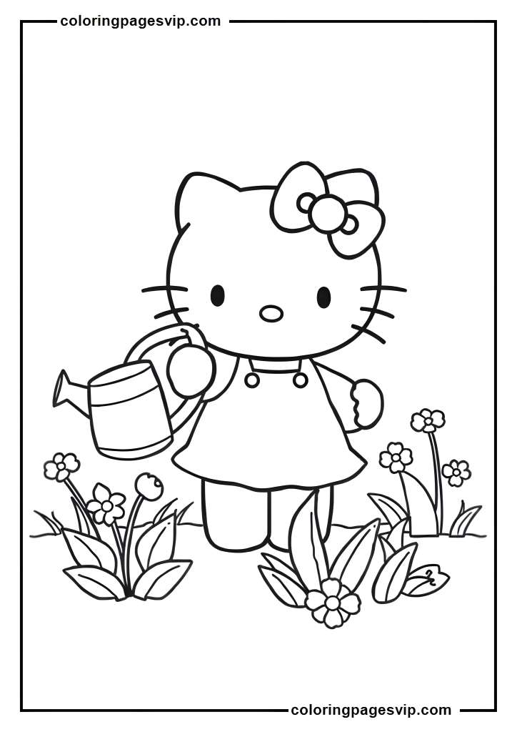 Gardener Hello Kitty, Hello Kitty with watering can coloring pages.