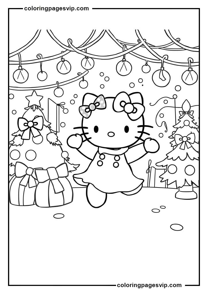 Hello Kitty Christmas Dance, Hello Kitty Dancing with friends coloring pages.