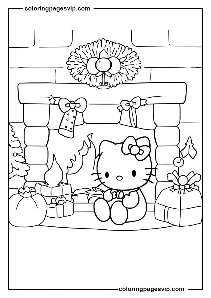 Hello Kitty Christmas Eve, Hello Kitty By fireplace coloring pages.