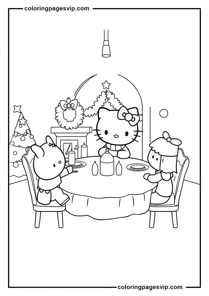 Hello Kitty Christmas Feast, Hello Kitty Setting table coloring pages.