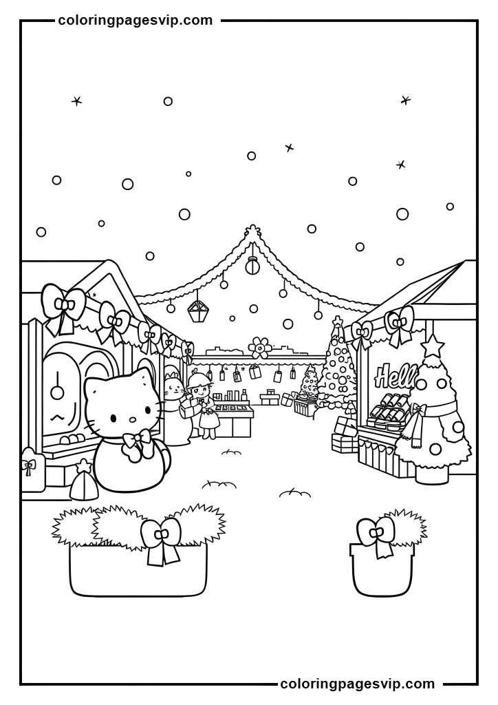 Hello Kitty Christmas Market, Hello Kitty Shopping at stalls coloring pages.