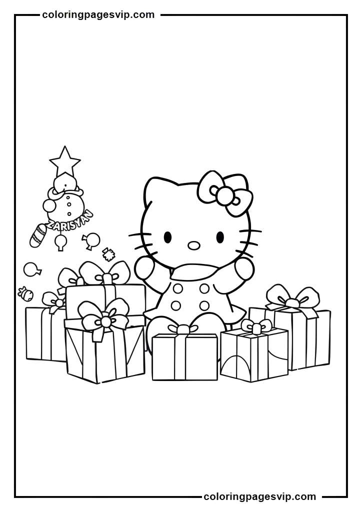 Hello Kitty Christmas Morning, Hello Kitty Opening presents coloring pages.