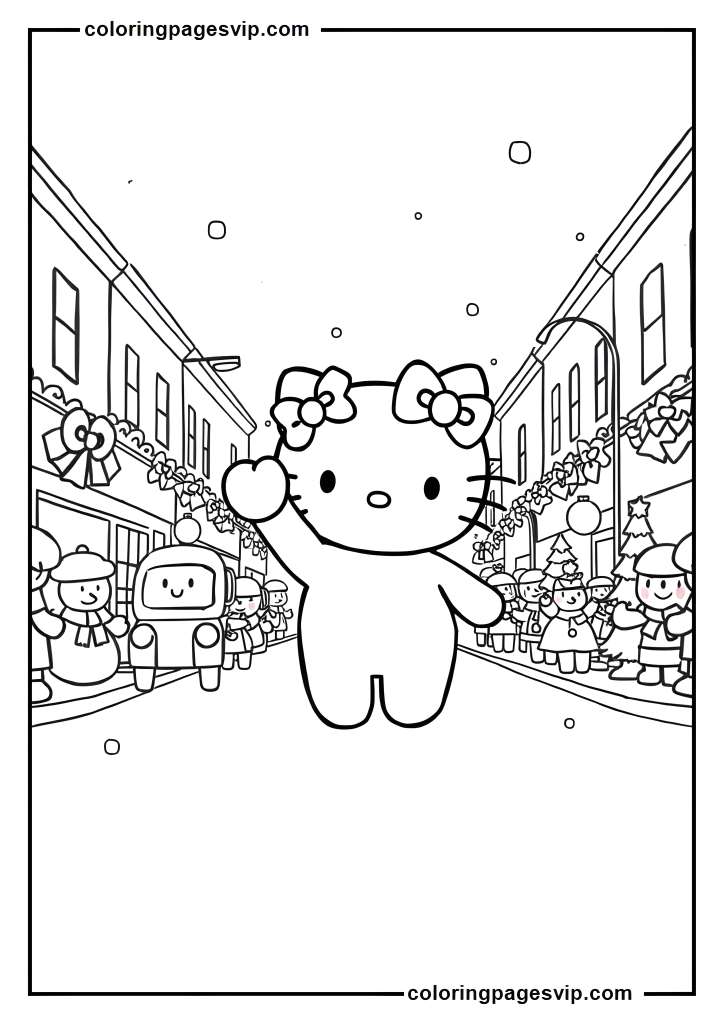 Hello Kitty Christmas Parade, Hello Kitty Waving in parade coloring pages.