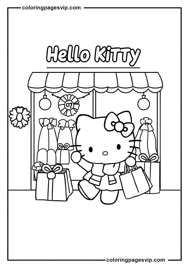 Hello Kitty Christmas Shopping, Hello Kitty Carrying gift bags coloring pages.