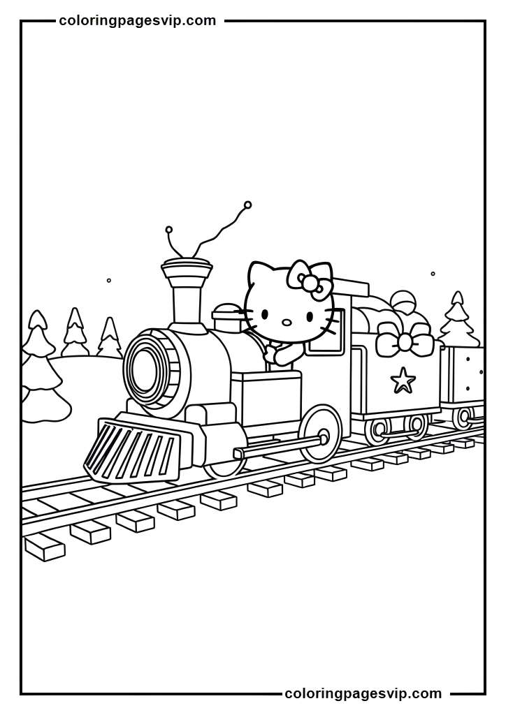 Hello Kitty Christmas Train, Hello Kitty Riding train coloring pages.