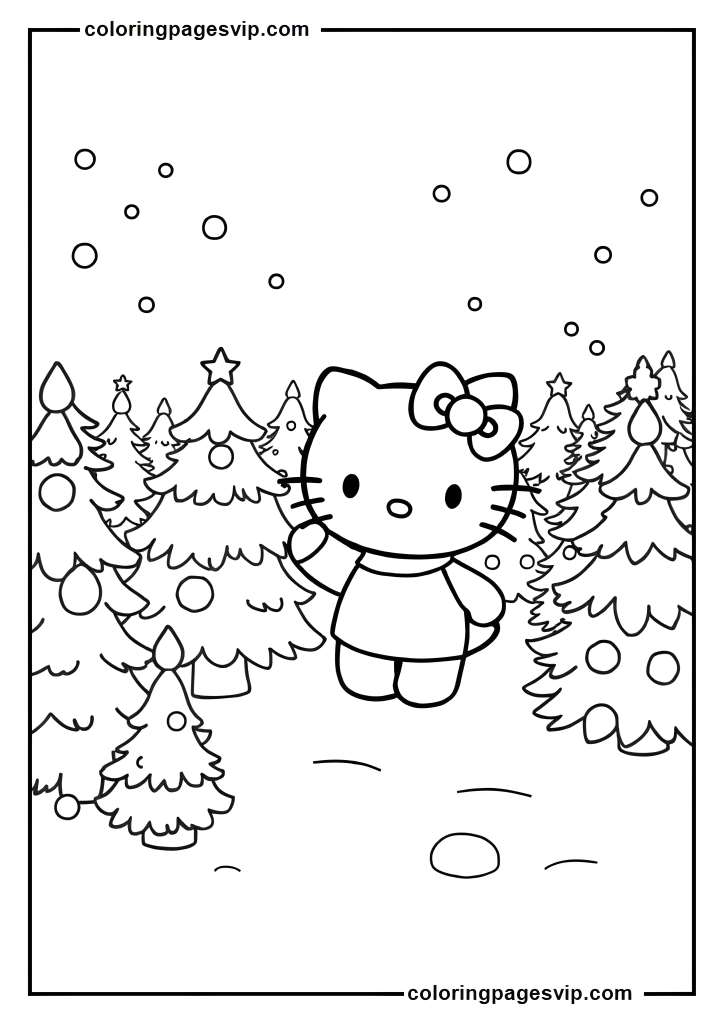 Hello Kitty Christmas Tree Farm, Hello Kitty Choosing tree coloring pages.