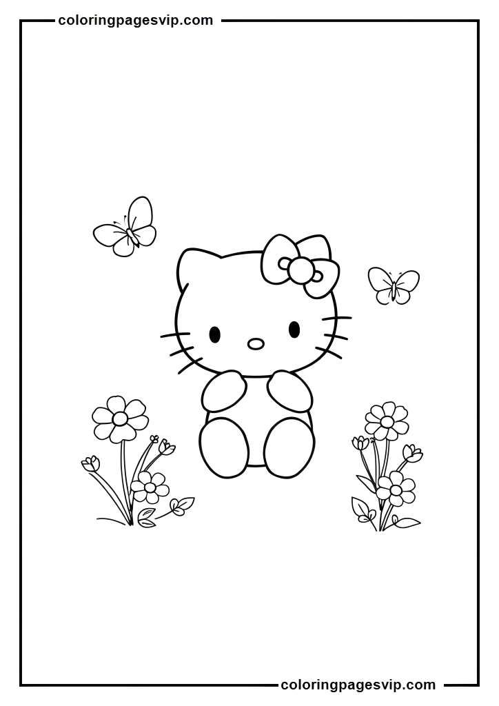 Hello Kitty's Garden, Hello Kitty standing among flowers and butterflies coloring pages.