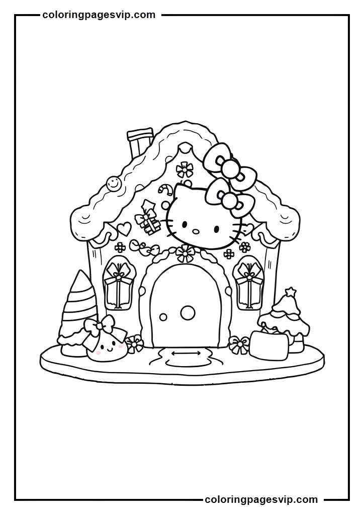 Hello Kitty Gingerbread House, Hello Kitty Decorating house coloring pages.