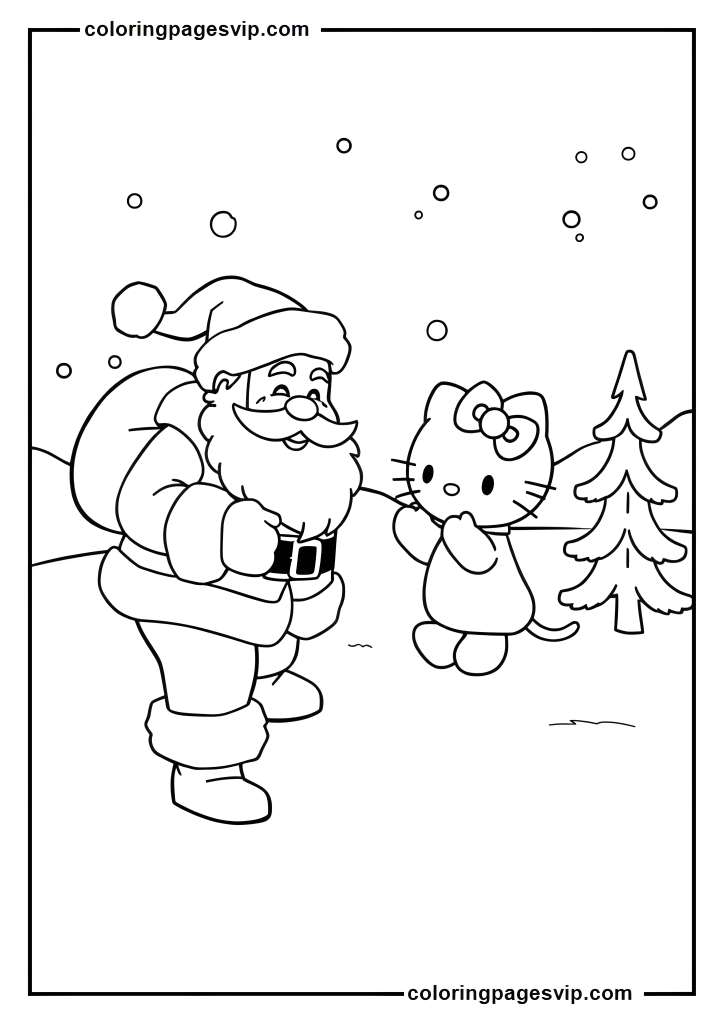 Hello Kitty North Pole Visit, Hello Kitty Meeting Santa coloring pages.