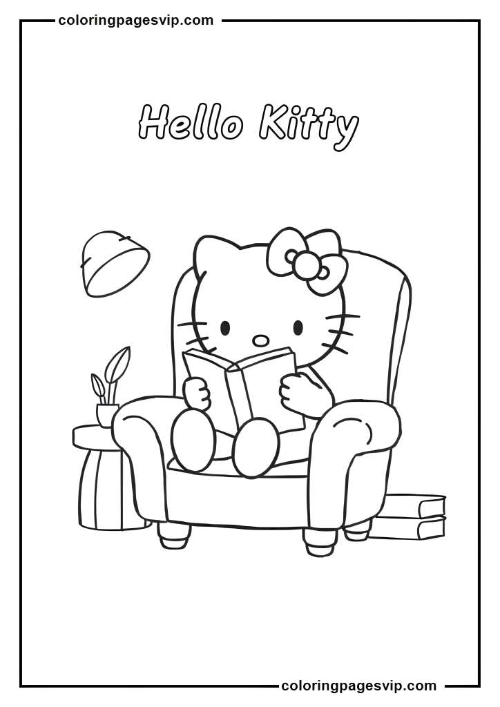 Reading Time Kitty, Hello Kitty sitting in a chair with a book coloring pages.