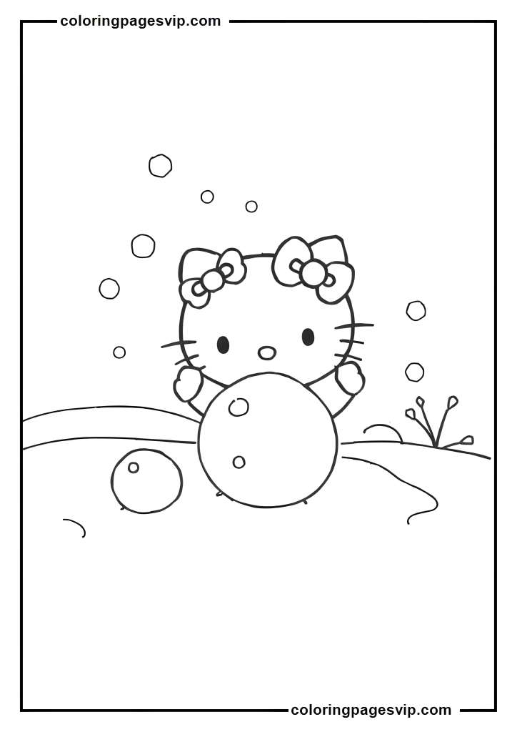 Hello Kitty Snowball Fun, Hello Kitty Making snowballs coloring pages.