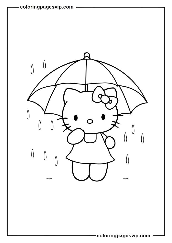 Hello Kitty's Umbrella, Hello Kitty holding a decorated umbrella coloring pages.