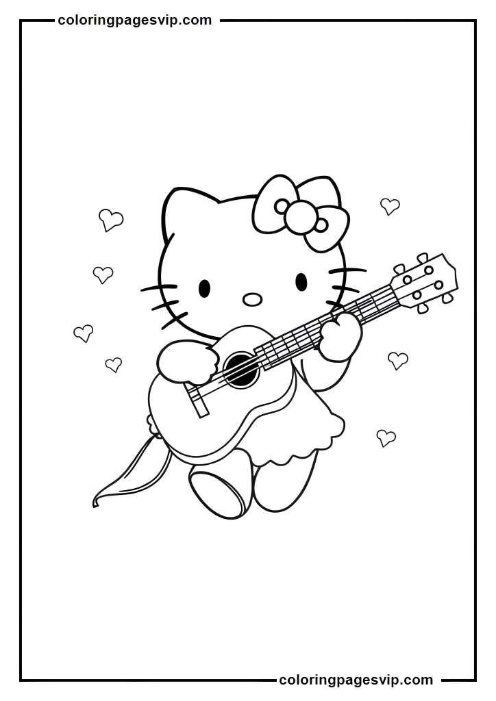 Music Hello Kitty, Hello Kitty playing simple instrument coloring pages.