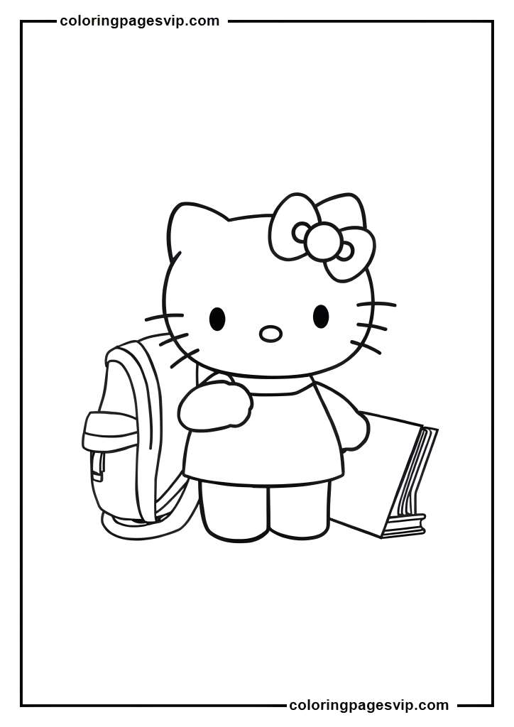 School Hello Kitty, Hello Kitty with backpack and books coloring pages.