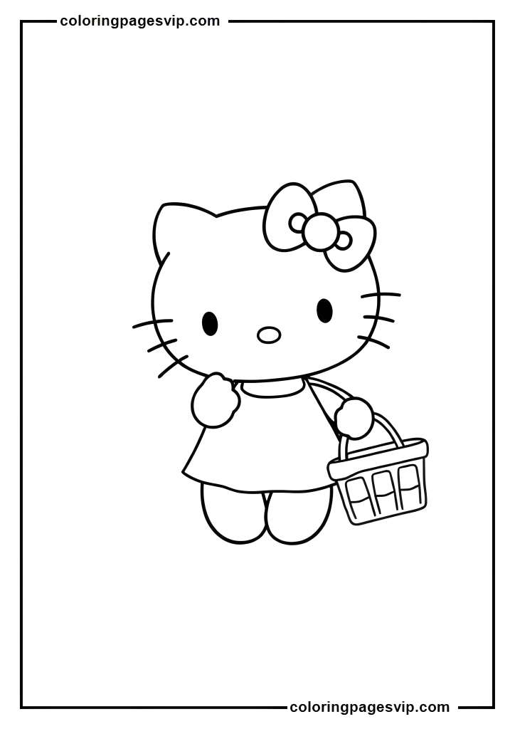 Shopping Hello Kitty, Hello Kitty with shopping basket coloring pages.