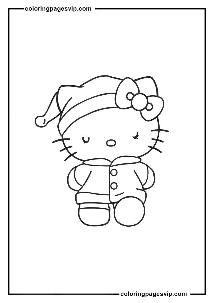 Sleepy Hello Kitty, Hello Kitty in pajamas with sleeping cap coloring pages.