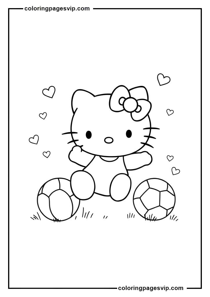 Sports Hello Kitty, Hello Kitty with different sports balls coloring pages.