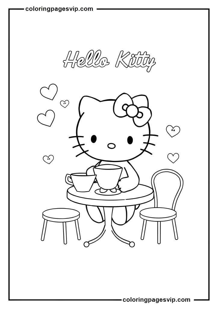 Tea Time Hello Kitty, Hello Kitty sitting with teacup and cookies coloring pages.